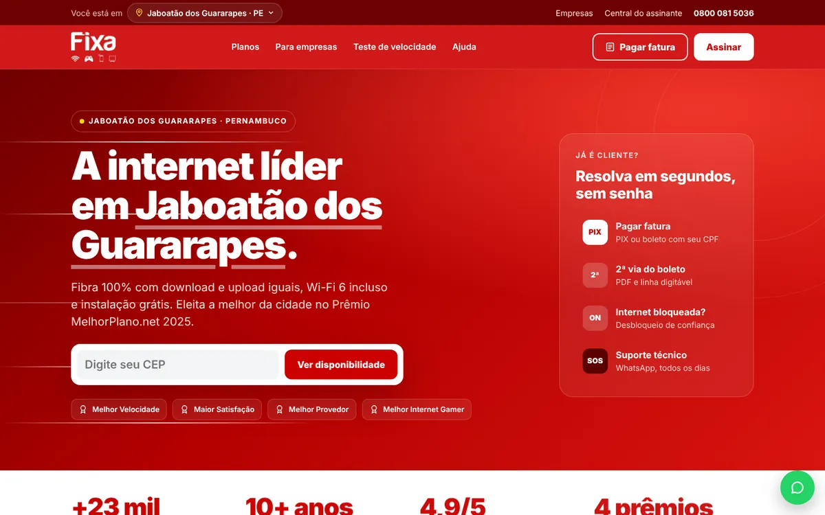 Página inicial do site da Fixa Internet, com consulta de CEP e atalhos de fatura